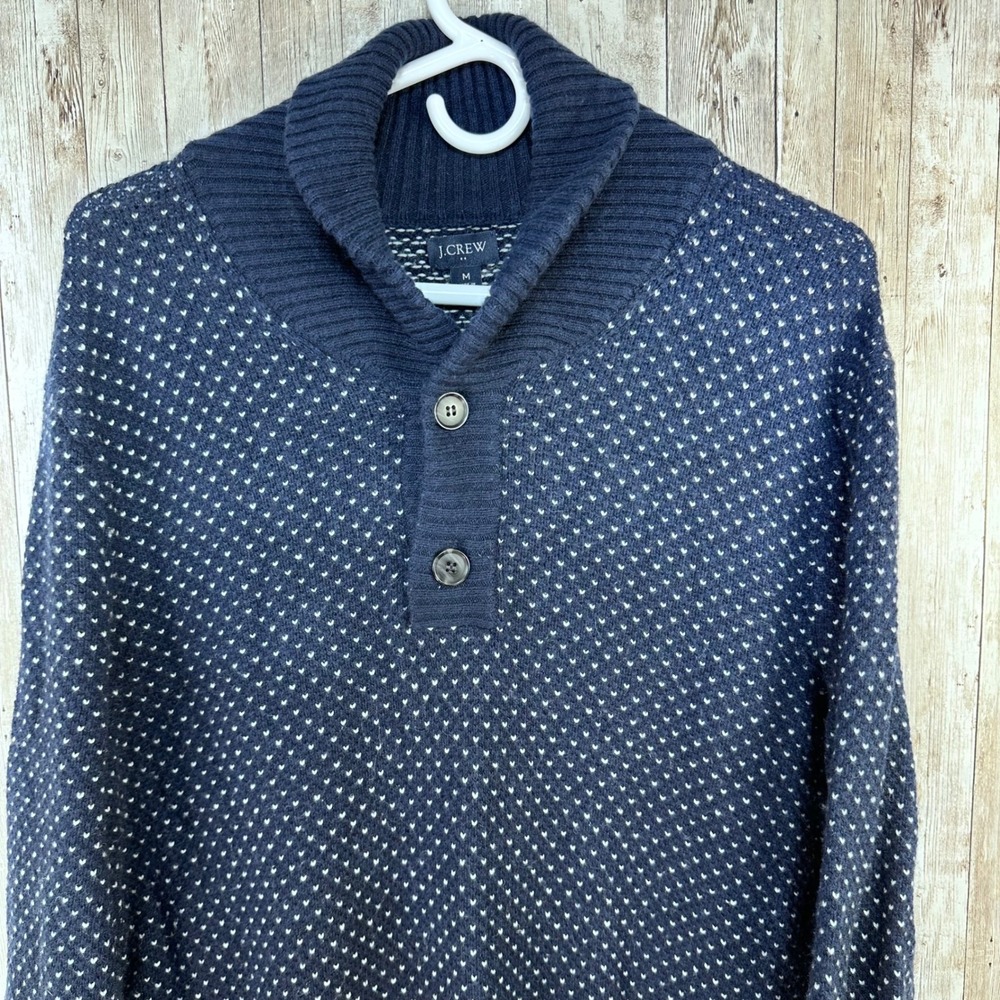J.Crew Mens Sweater Pullover‎ Navy Blue White Dot Accent Cowl Collar Medium